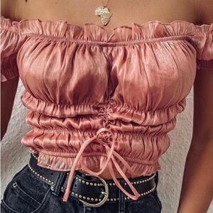 Tiger Mist Satin Shimmery Rose Gold Off-Shoulder Women's Top